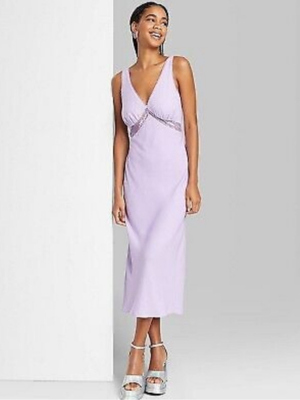Lilac V-Neck Midi Dress with see through Waist